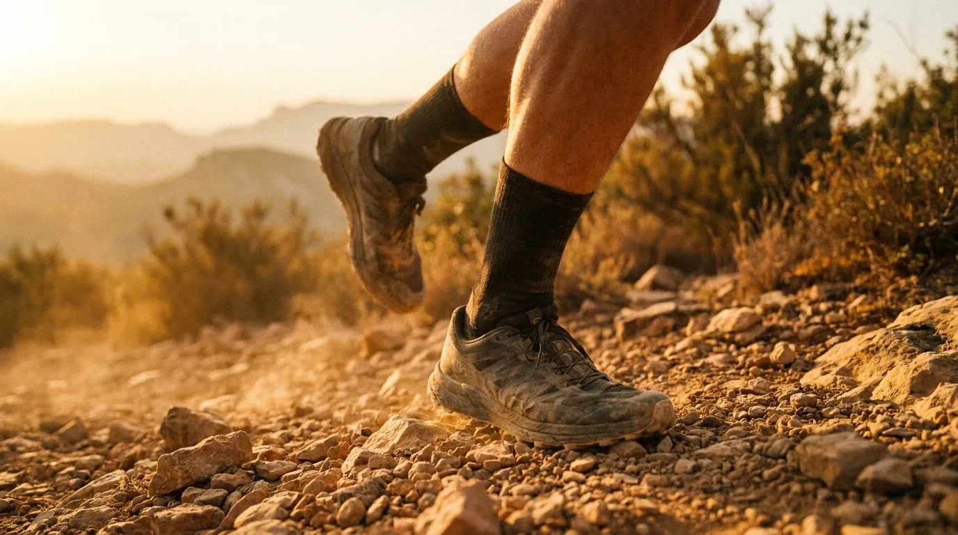 Close-up of a trail runner's legs mid-stride on a rocky Mediterranean path during golden hour.