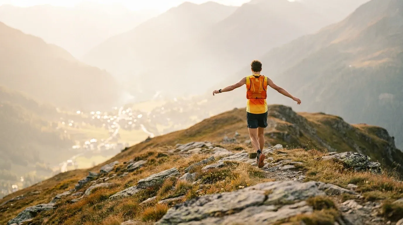 Trail runner in bright technical vest cresting an alpine ridgeline in early morning light, Swiss valley below.
