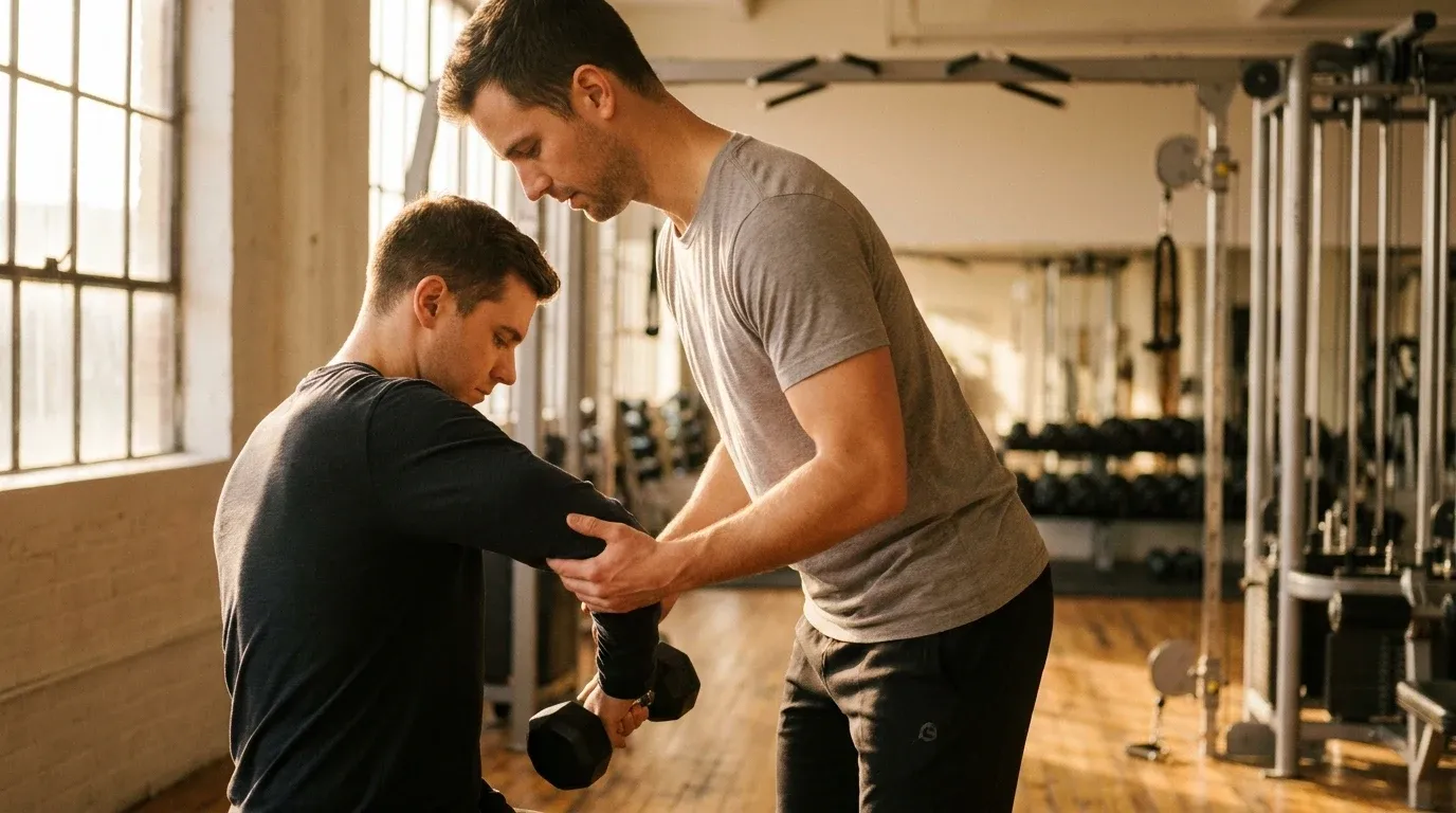 A personal trainer gently guides a client's elbow alignment during a weightlifting exercise in a gym.