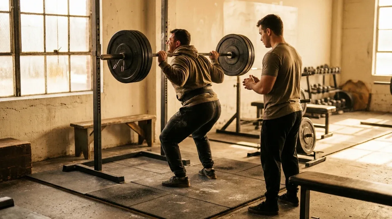 Two lifters train together at a squat rack, one lifting while the other provides focused support nearby.