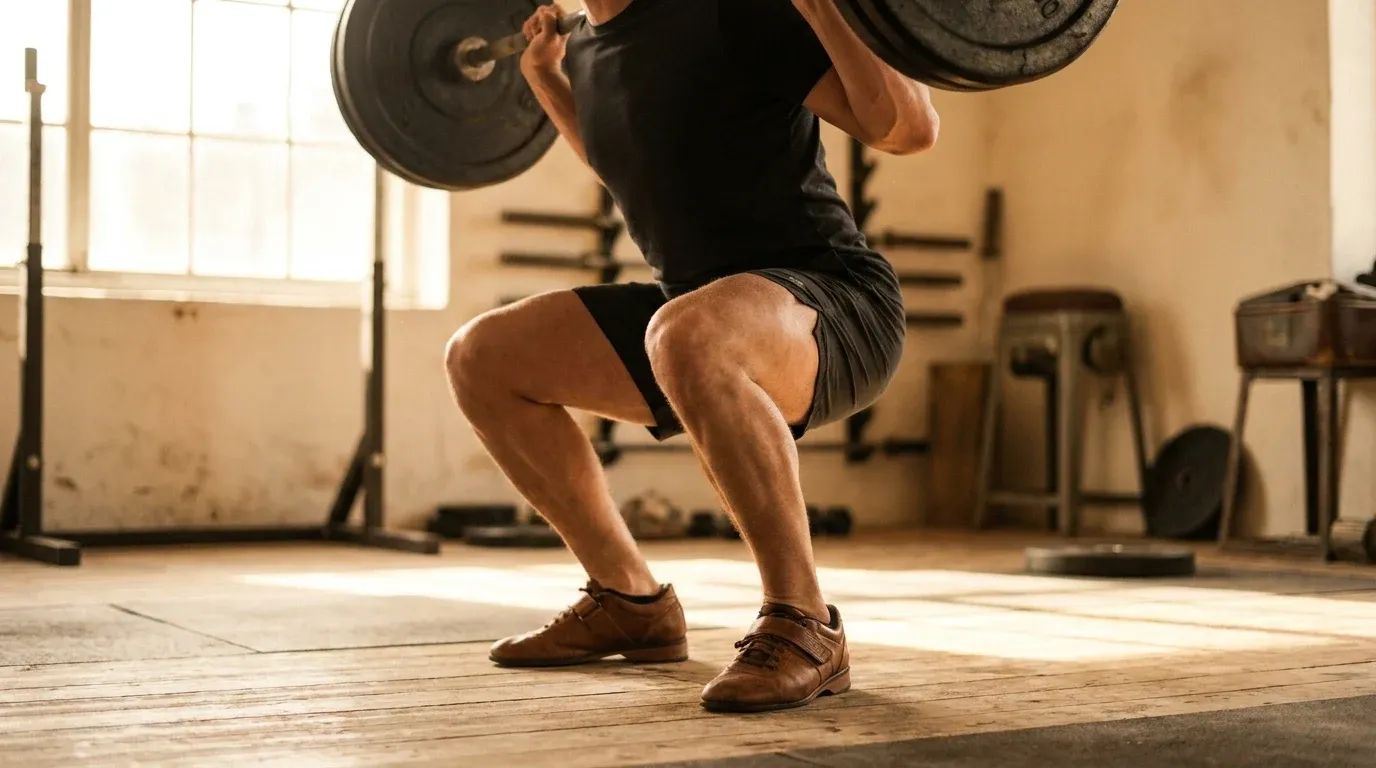 Person performing a heavy barbell back squat with legs under tension on a wooden gym floor.