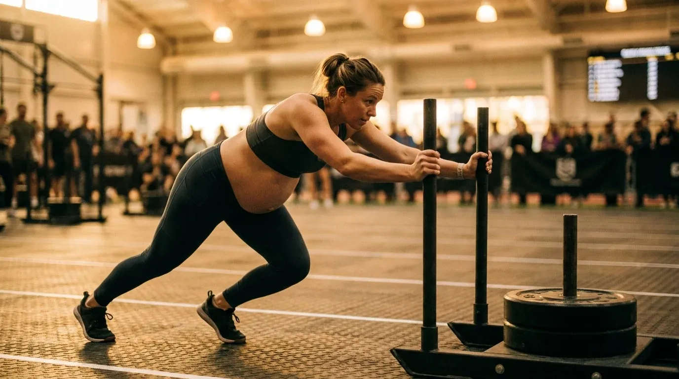 A visibly pregnant woman in athletic gear pushes a heavy competition sled during a HYROX event.