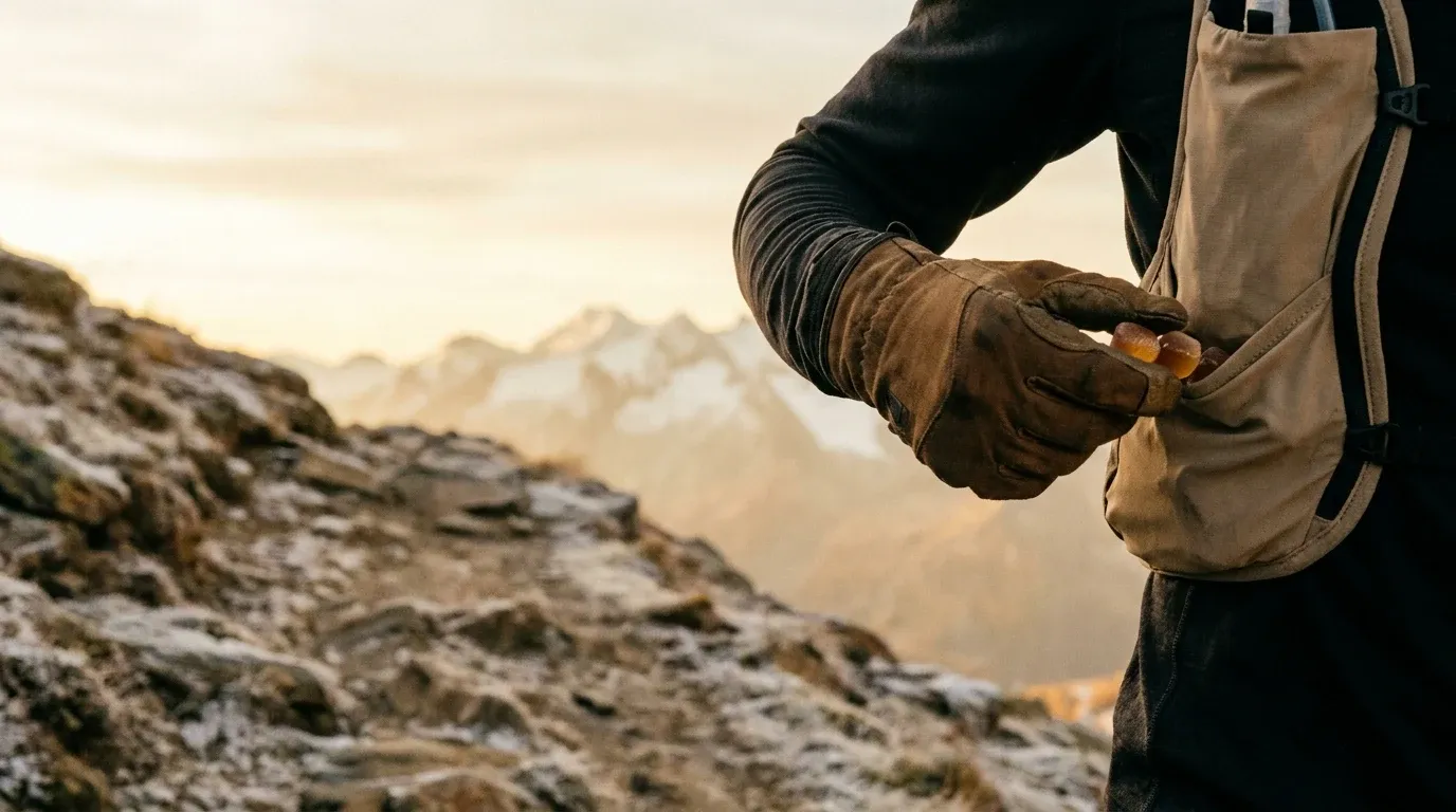 Trail runner's gloved hand grabbing energy chews from vest pocket on a high alpine snowy mountain trail.