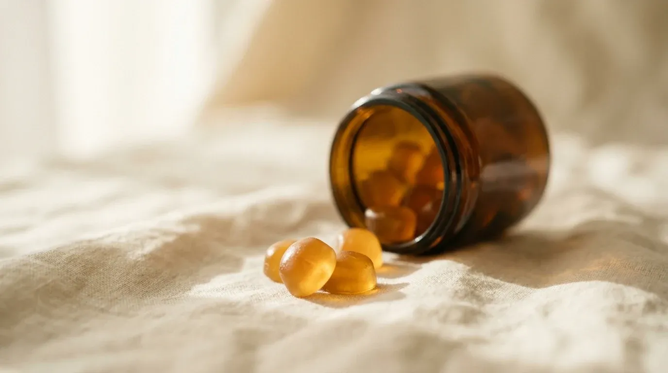 Golden-amber gummies spilling from a tipped glass jar onto cream linen, softly lit by warm morning light.