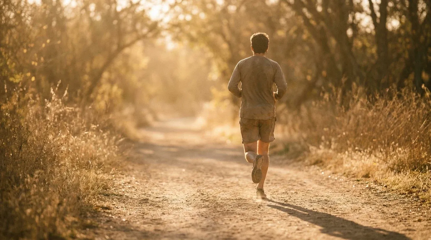 A lone runner jogs at a relaxed pace on a soft dirt trail bathed in warm golden-hour light.