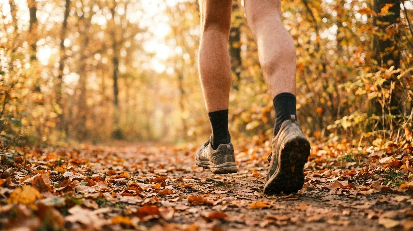 Runner's legs mid-stride on an autumn trail scattered with golden leaves in morning light.
