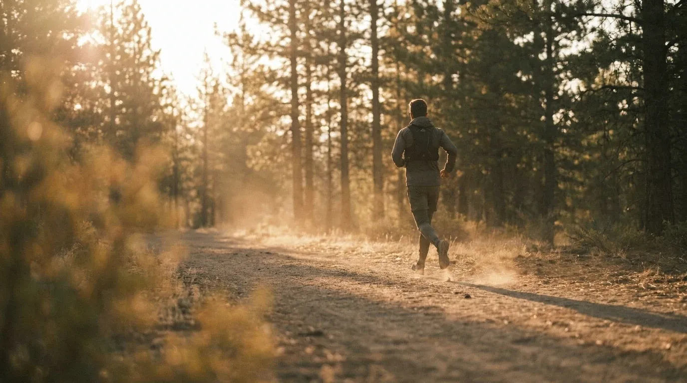 Trail runner mid-stride on a mountain path at dawn, driving forward through a pine forest in golden light.