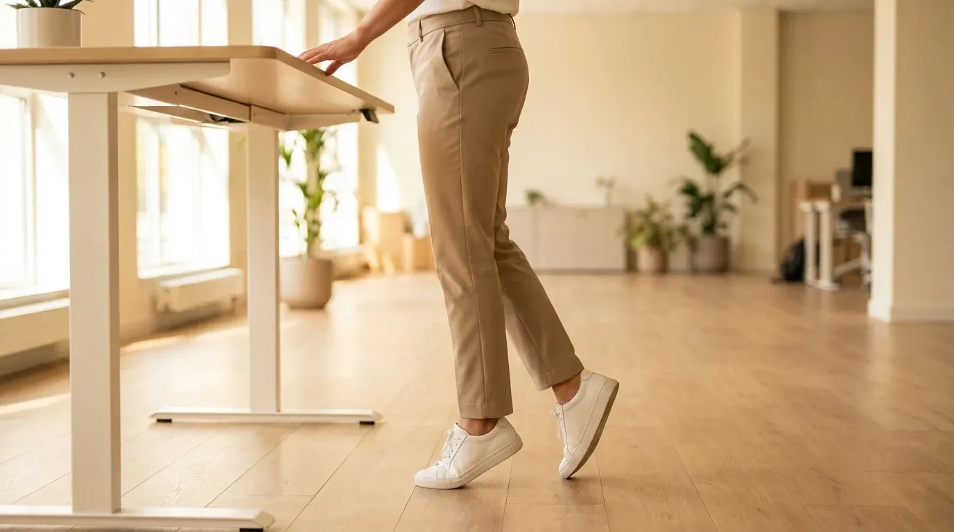 Desk worker performing a calf raise beside their standing desk in a sunlit office environment.