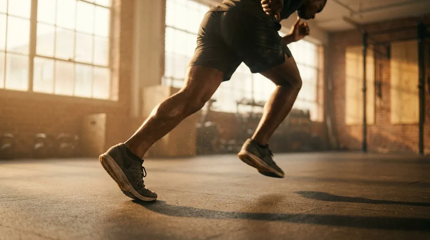 Athlete mid-sprint on gym floor shot from low angle, legs driving forward with motion blur, warm golden light.
