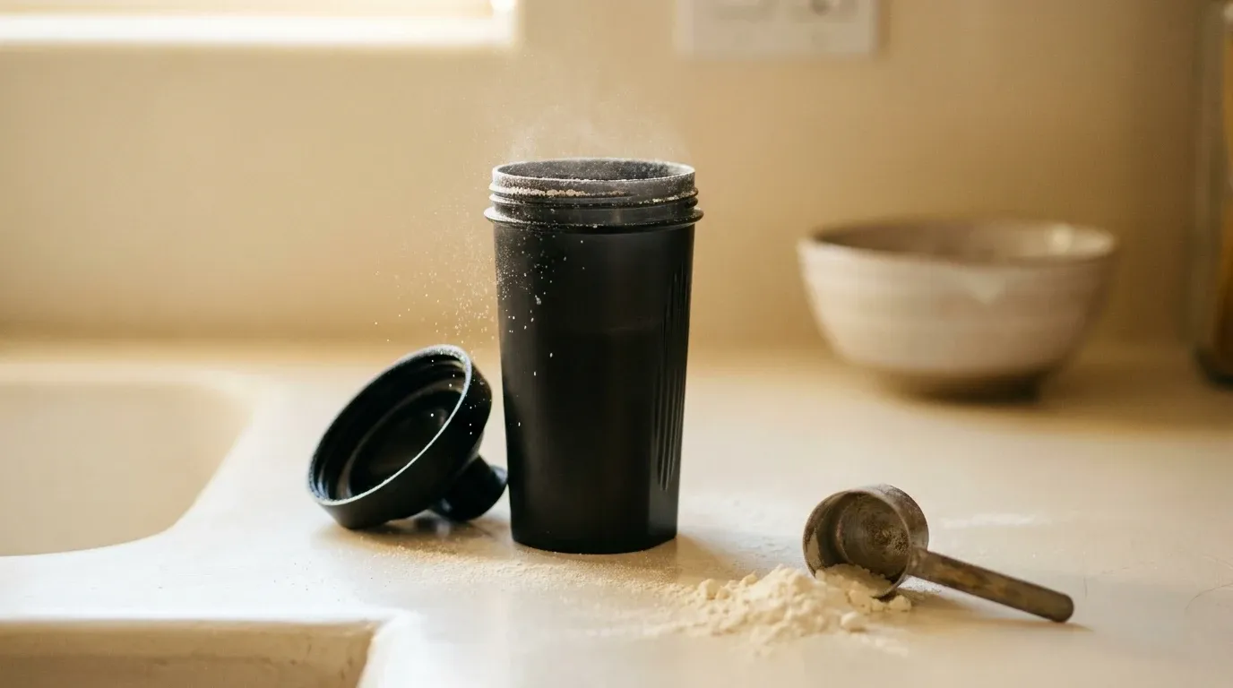 An open black matte protein shaker with white powder dusting the rim on a warm cream surface.