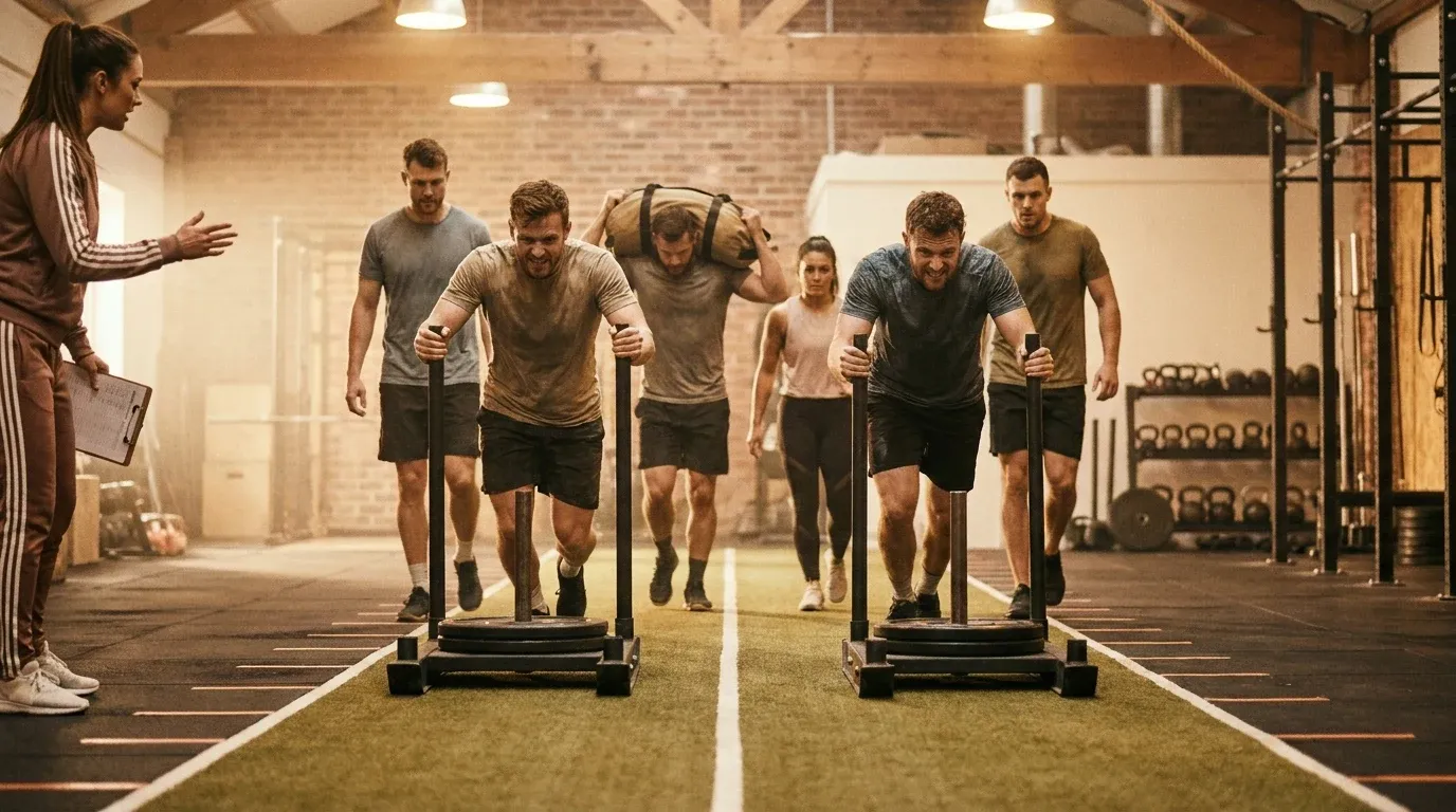 Six athletes train in structured formation at a performance gym, directed by a coach holding a clipboard.