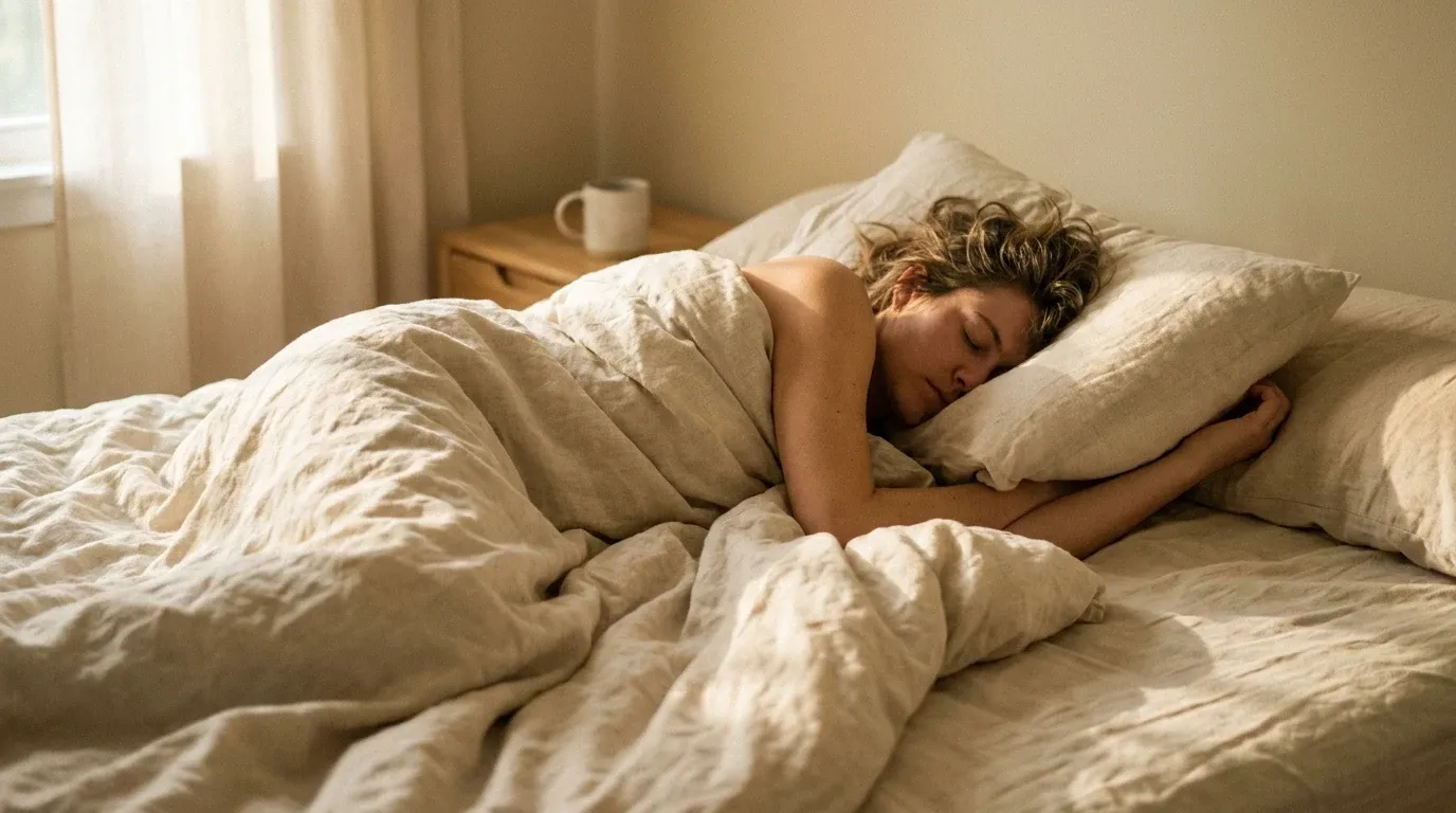 Person sleeping peacefully on their side in rumpled cream linens, bathed in soft warm morning light.