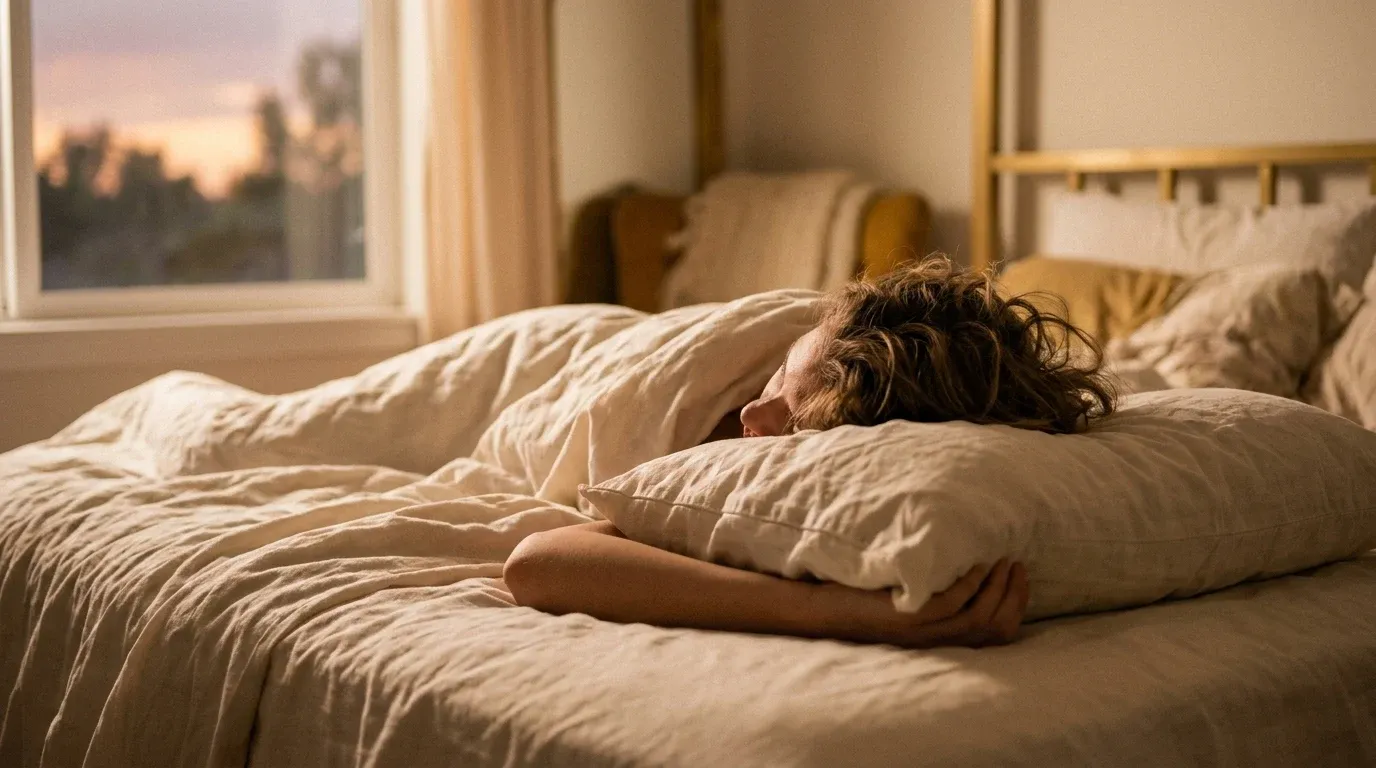 Person lying in bed facing away, arm tucked under pillow, warm golden early-fall dusk light from bedroom window.