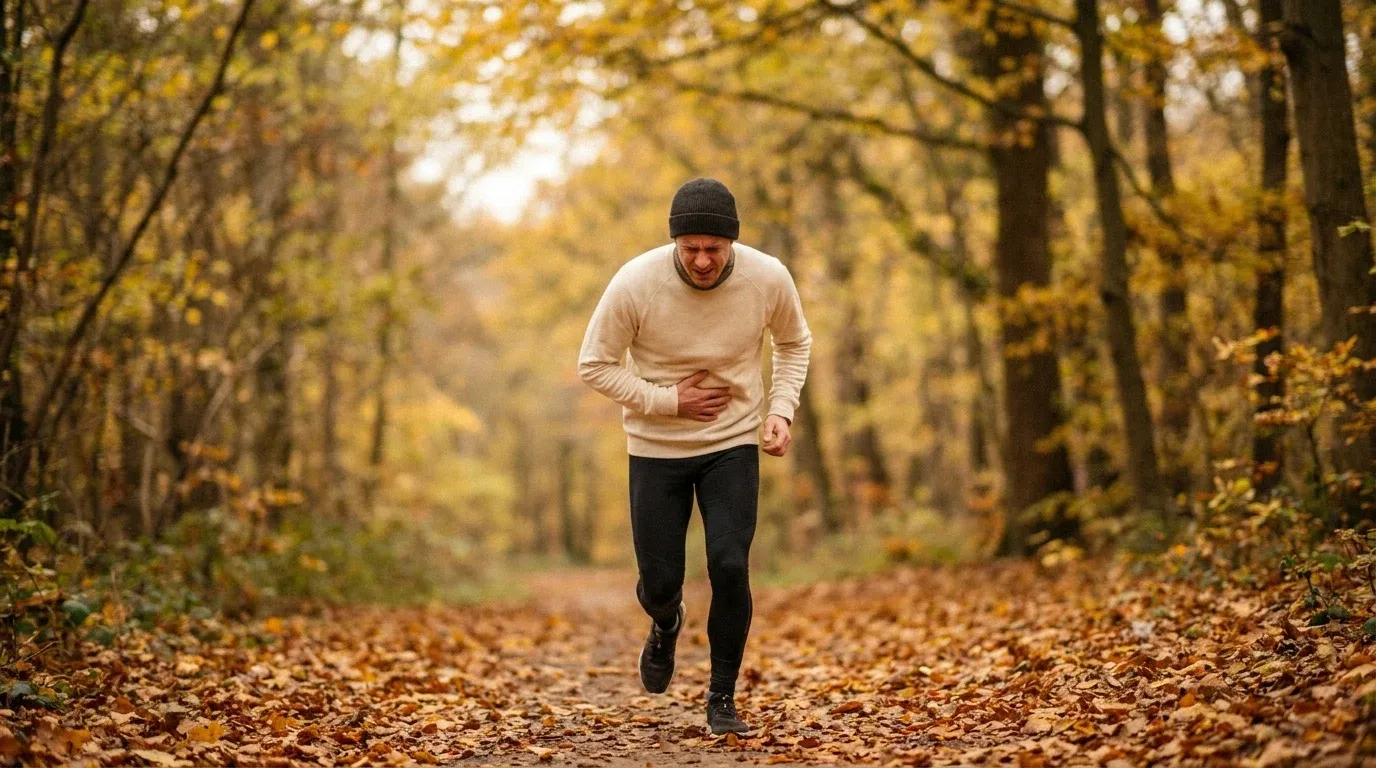 Runner on autumn trail holding stomach in discomfort, surrounded by golden fallen leaves.