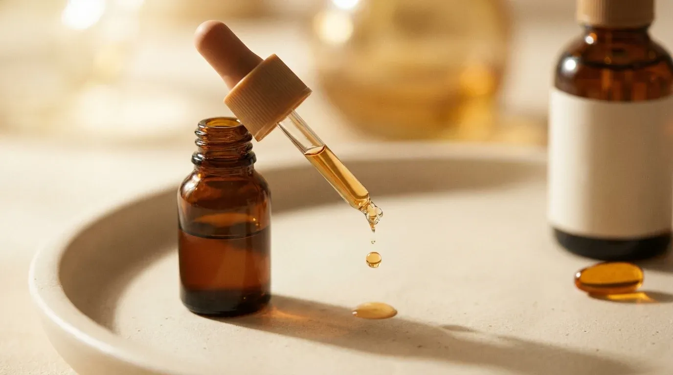 Amber liquid supplement drops falling from a glass dropper bottle, with blurred pills in the soft-focused background.