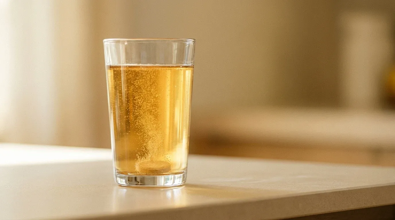 A clear glass filled with golden-amber liquid and rising bubbles, with a dissolving tablet at the bottom, lit by soft warm light.