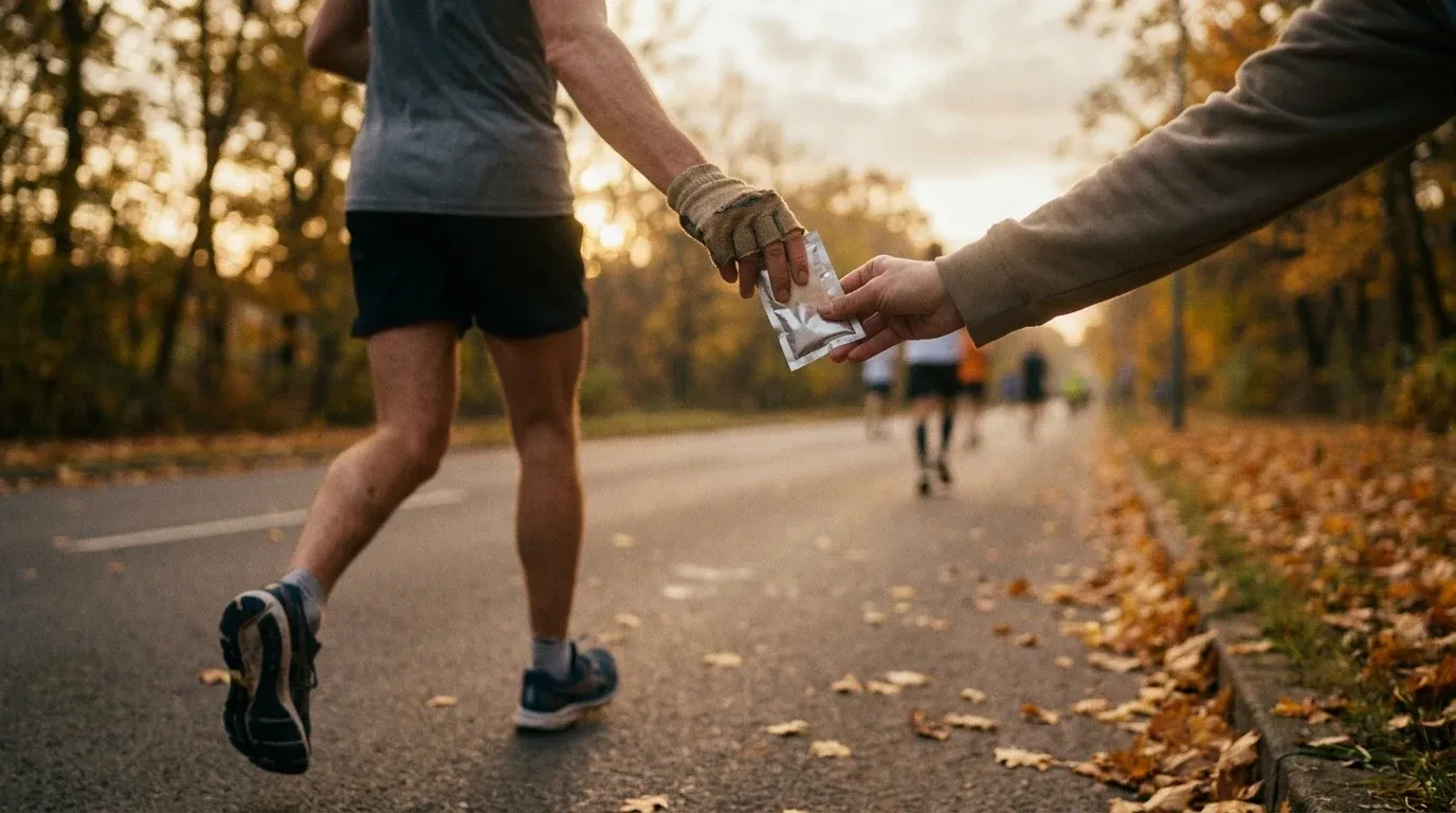 A runner accepts an energy gel from a volunteer's hand during a race in golden morning light.