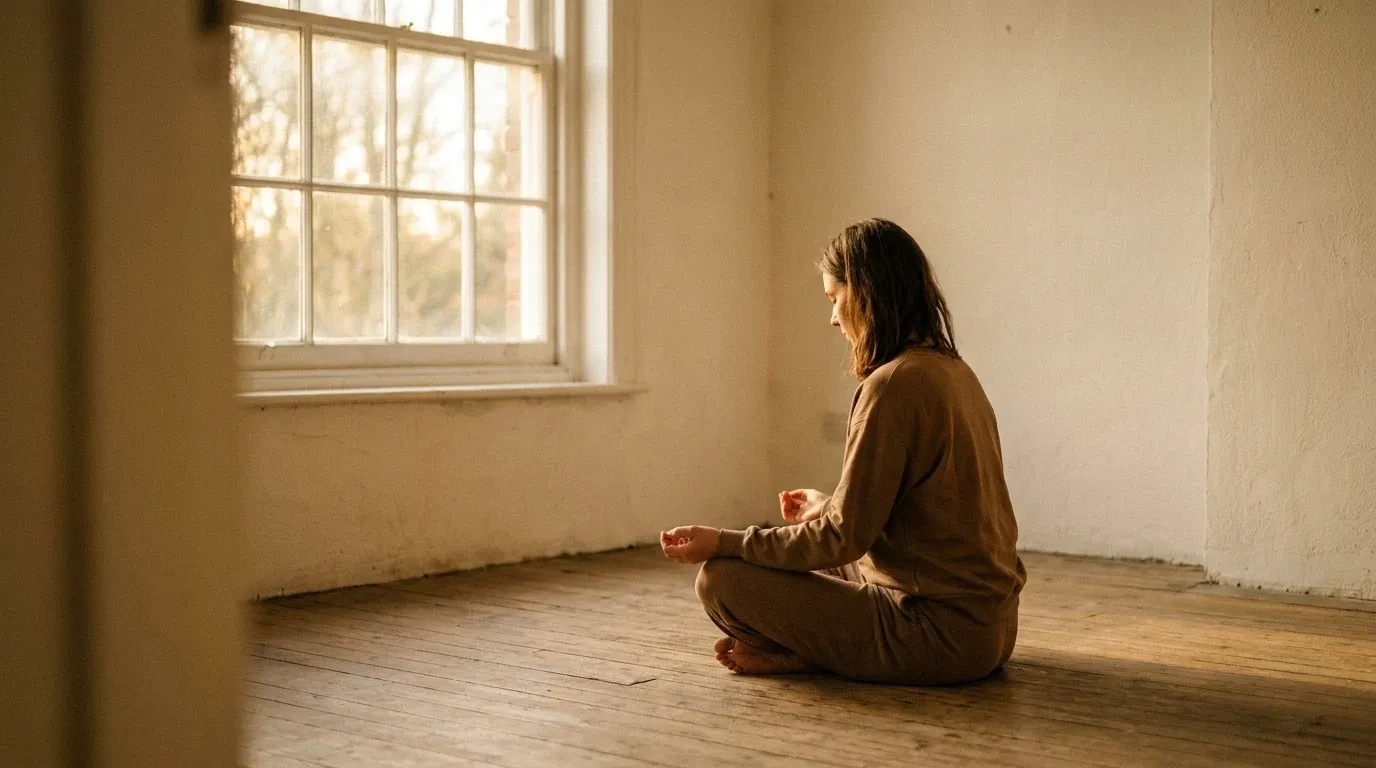 Person seated in meditation by a window filled with soft, warm golden light.