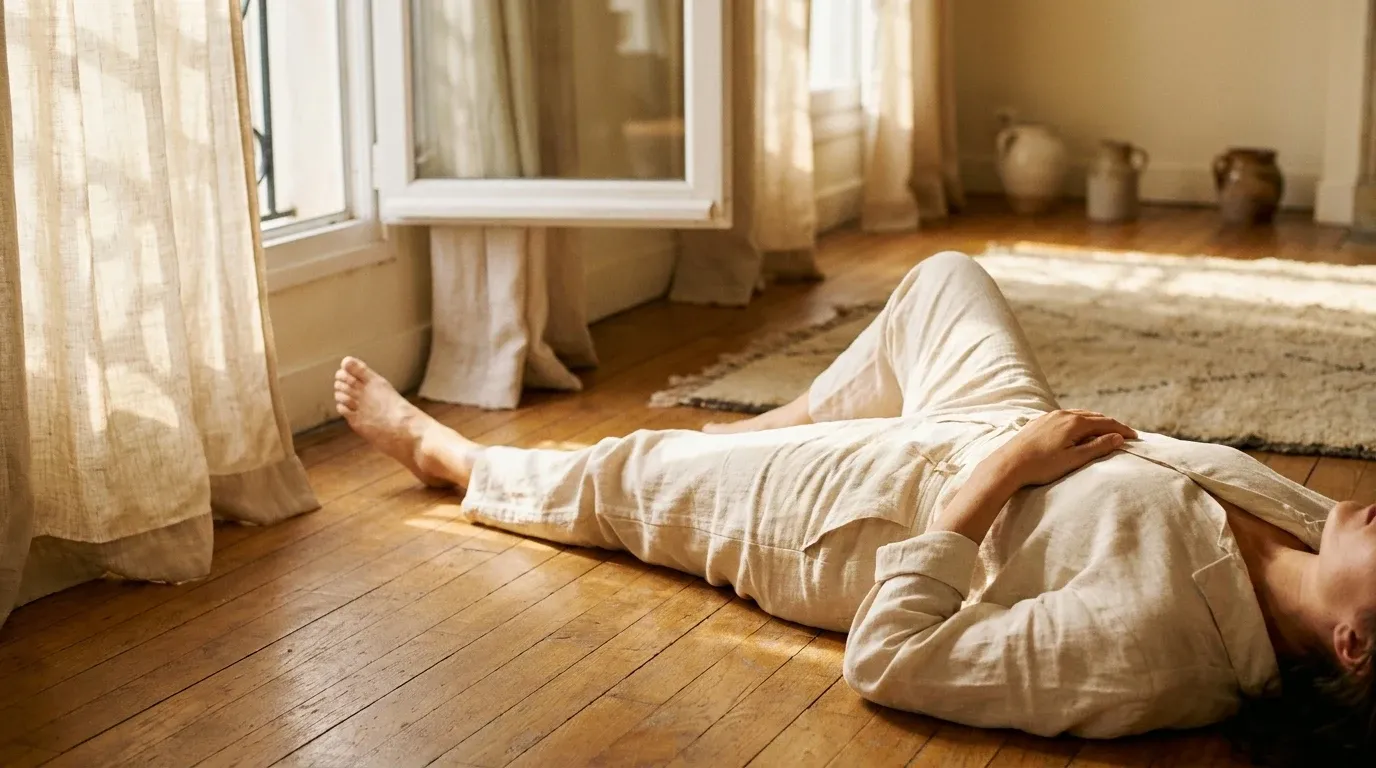 A person lying relaxed on a warm wooden floor by a window filled with soft golden morning light.