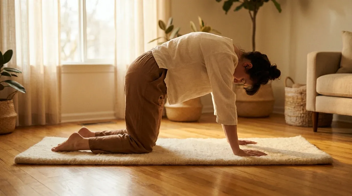 Person performing a cat-cow spinal mobility stretch on a cream yoga mat in soft morning light.
