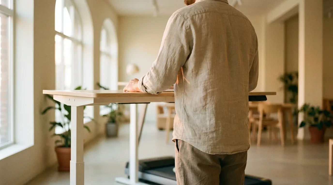 Person standing at a raised walking desk with relaxed posture, bathed in warm natural daylight from a window.