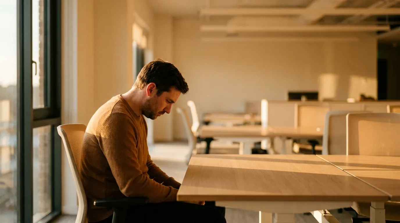 A lone man sits slumped at an empty desk in a vacant office, bathed in warm golden light.