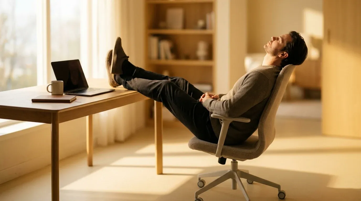 A relaxed man reclines in an ergonomic home office chair, feet up on desk, bathed in warm golden morning light.