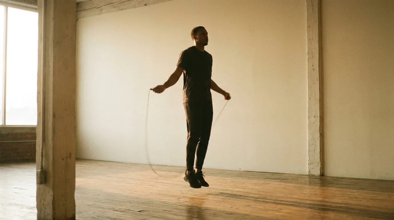 Athlete jumping rope mid-rotation in a minimal gym space with warm natural golden-hour light.