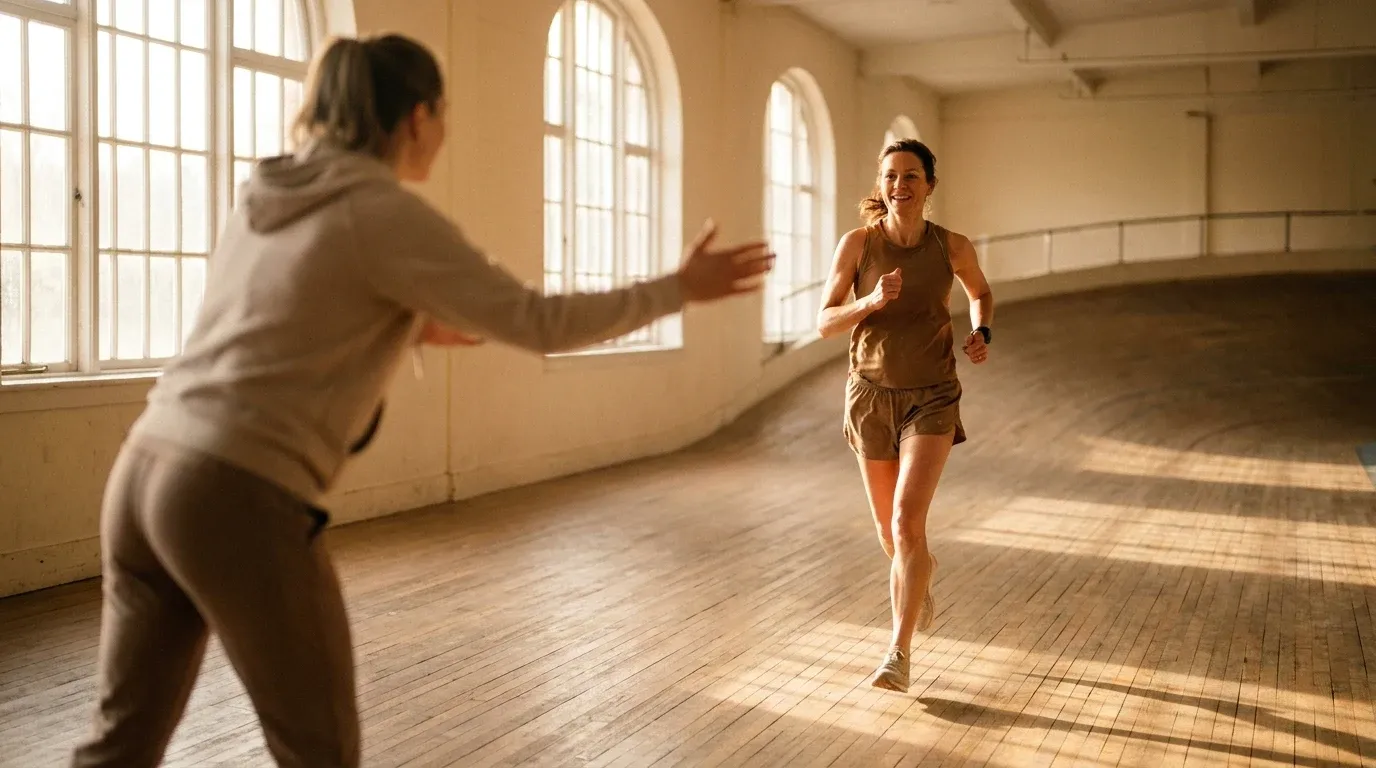 Female coach gestures encouragement to a woman jogging on a gym track in warm golden light.
