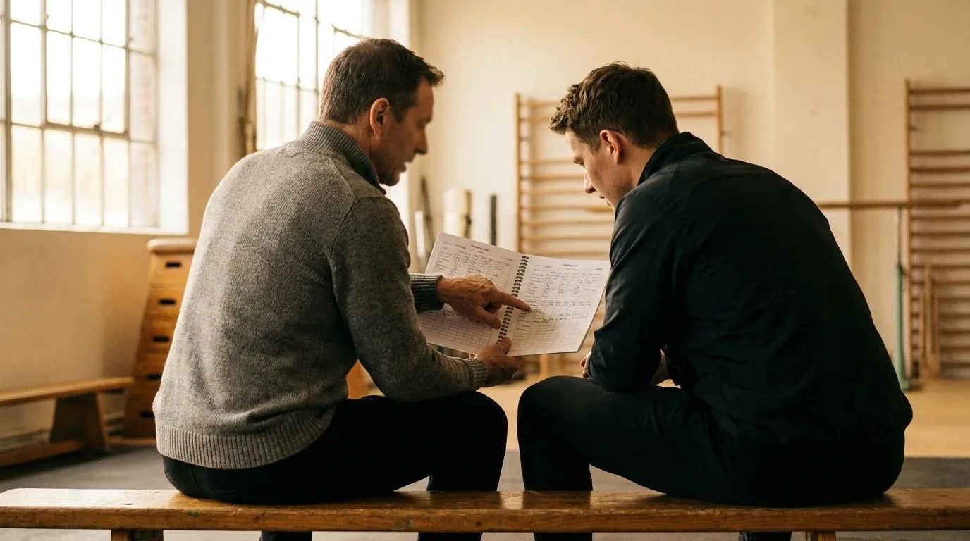 A coach and client seated together review a printed training log in a sunlit gym.