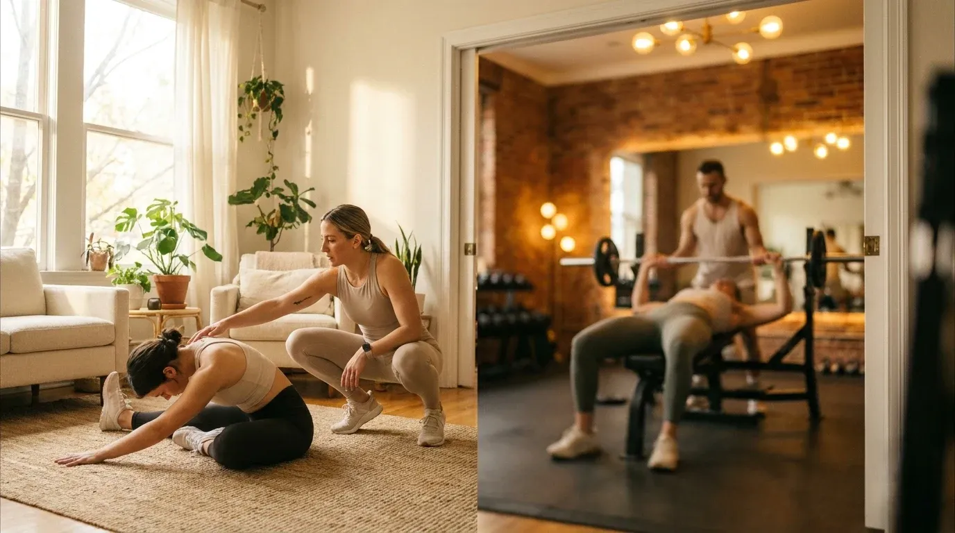 A home trainer assists a client with floor stretches while a gym trainer spots a client at a barbell in the warm-lit background.