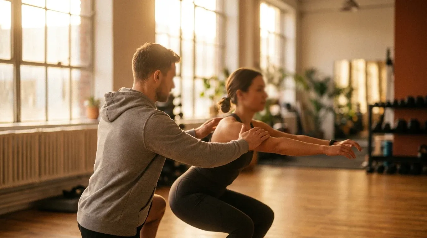 A trainer spots a client during a functional squat movement in a bright, minimalist gym space.