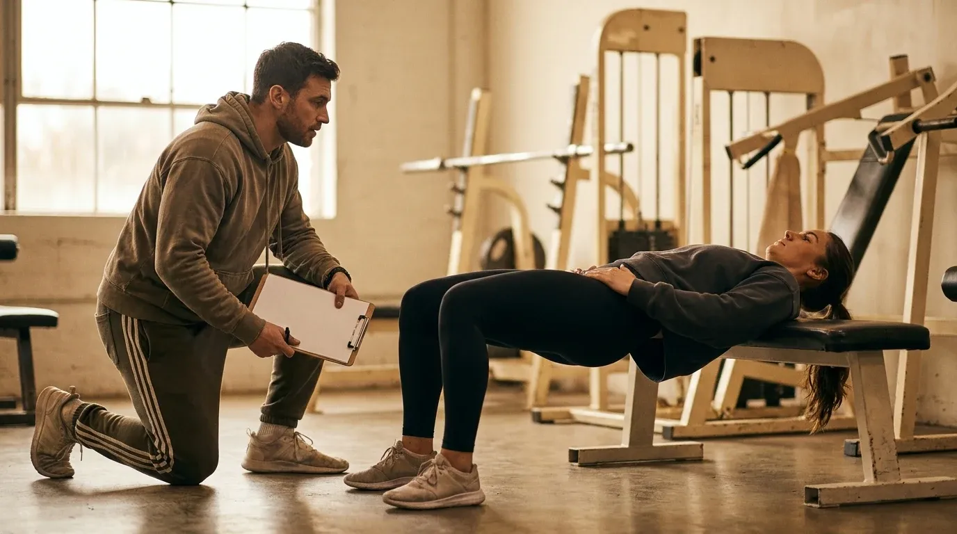 A coach kneels beside an athlete performing a hip thrust, closely monitoring proper hip positioning during the movement.
