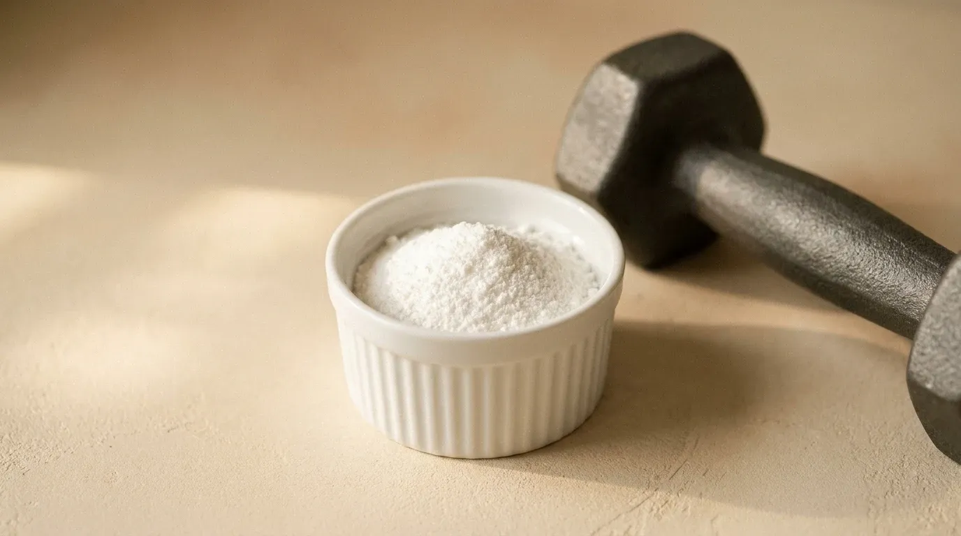 A bowl of creatine powder beside a dumbbell on a warm cream surface.