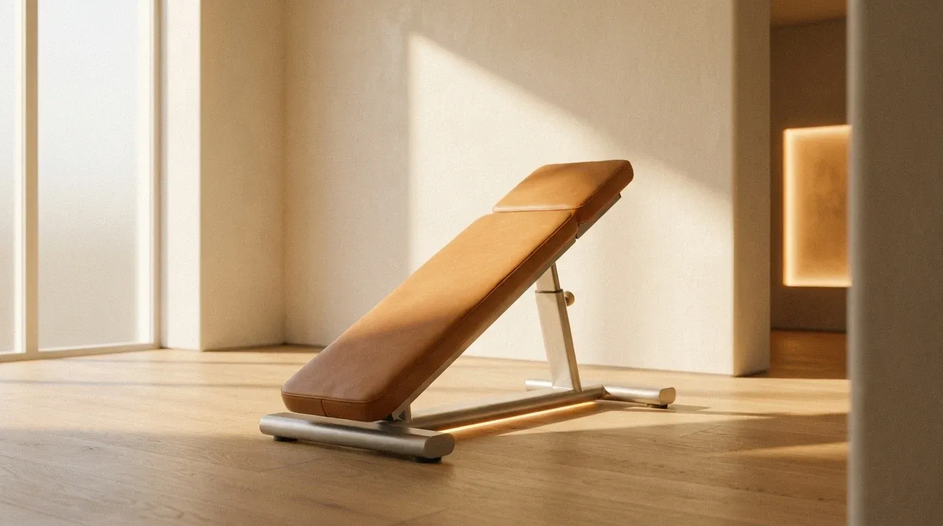 Modern tan upholstered weight bench with aluminum frame in minimalist home gym bathed in warm golden light.