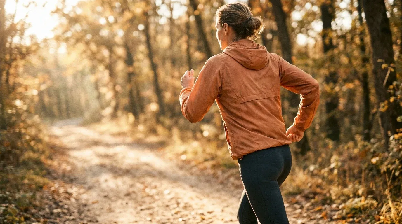 Middle-aged woman running on a sunlit trail in golden-hour light with soft-focus foliage background.