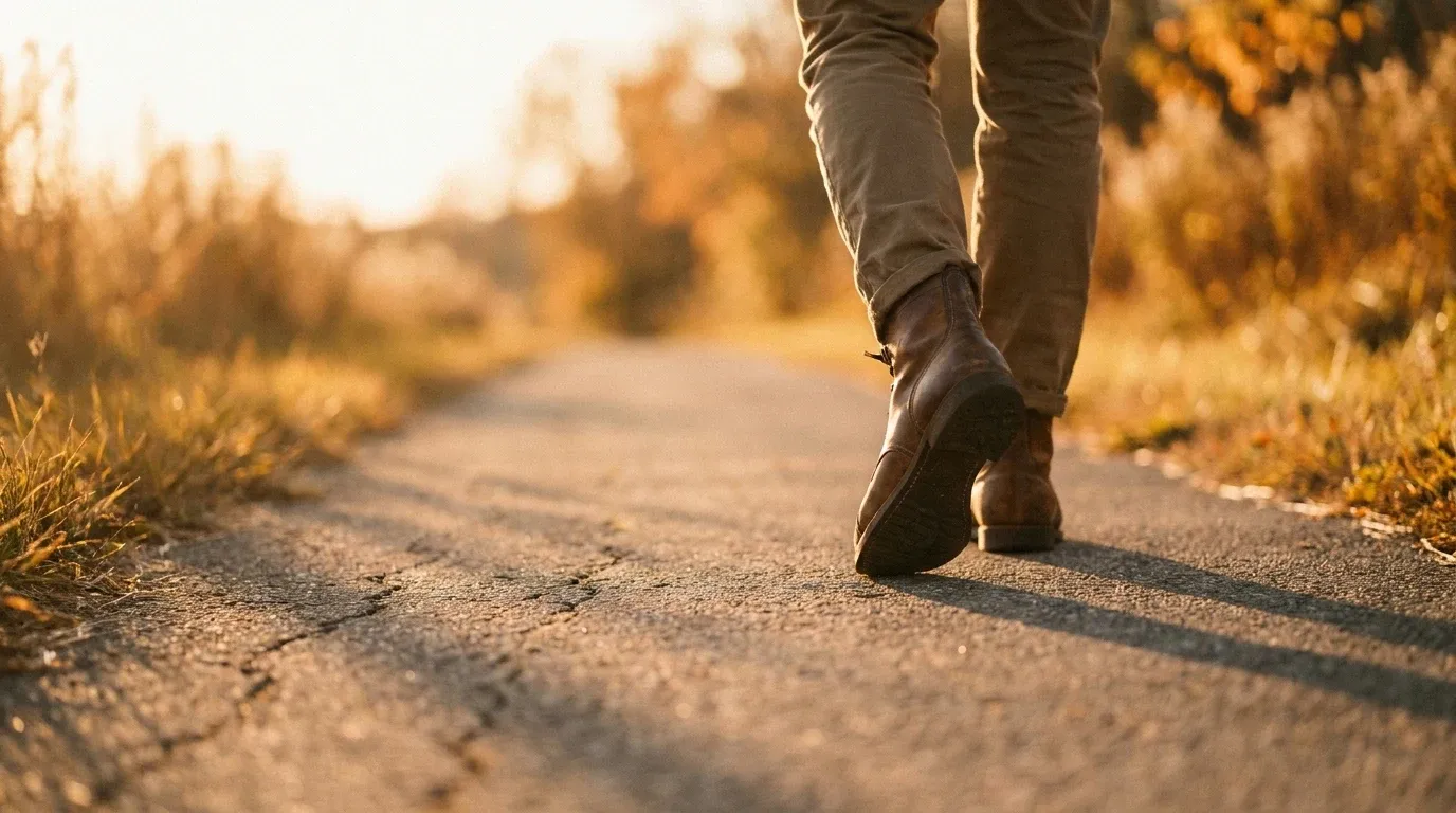 Close-up of a person's feet mid-stride on a sunlit path during golden hour.