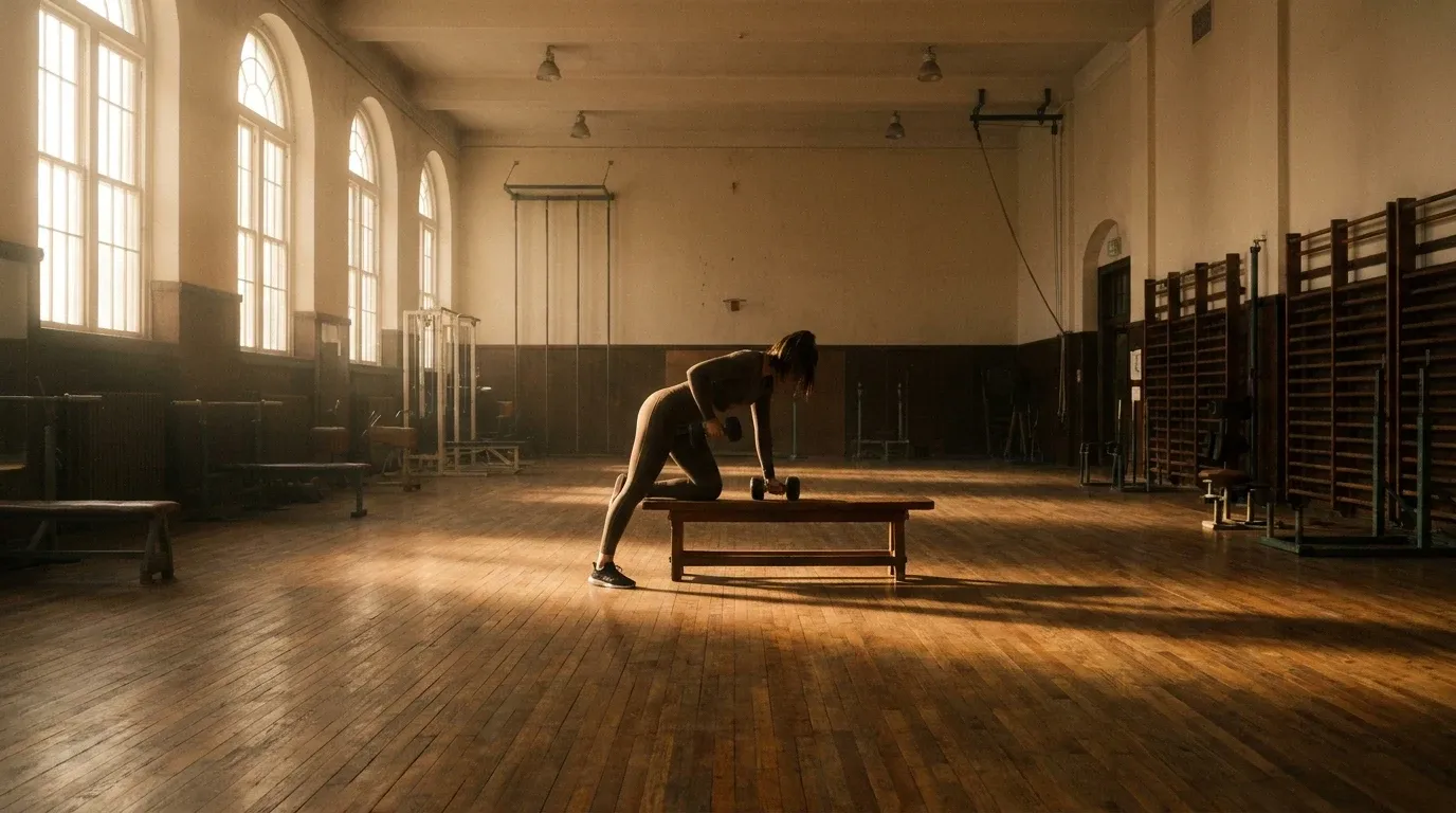 A solitary athlete performs steady dumbbell rows in an empty gym flooded with warm golden morning light.