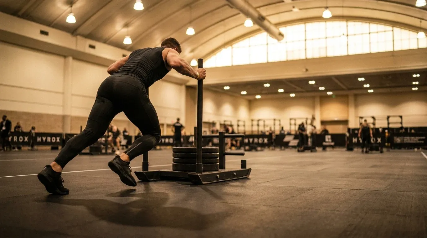 A HYROX athlete powerfully pushes a weighted sled across polished rubber flooring in warm golden-hour gym lighting.