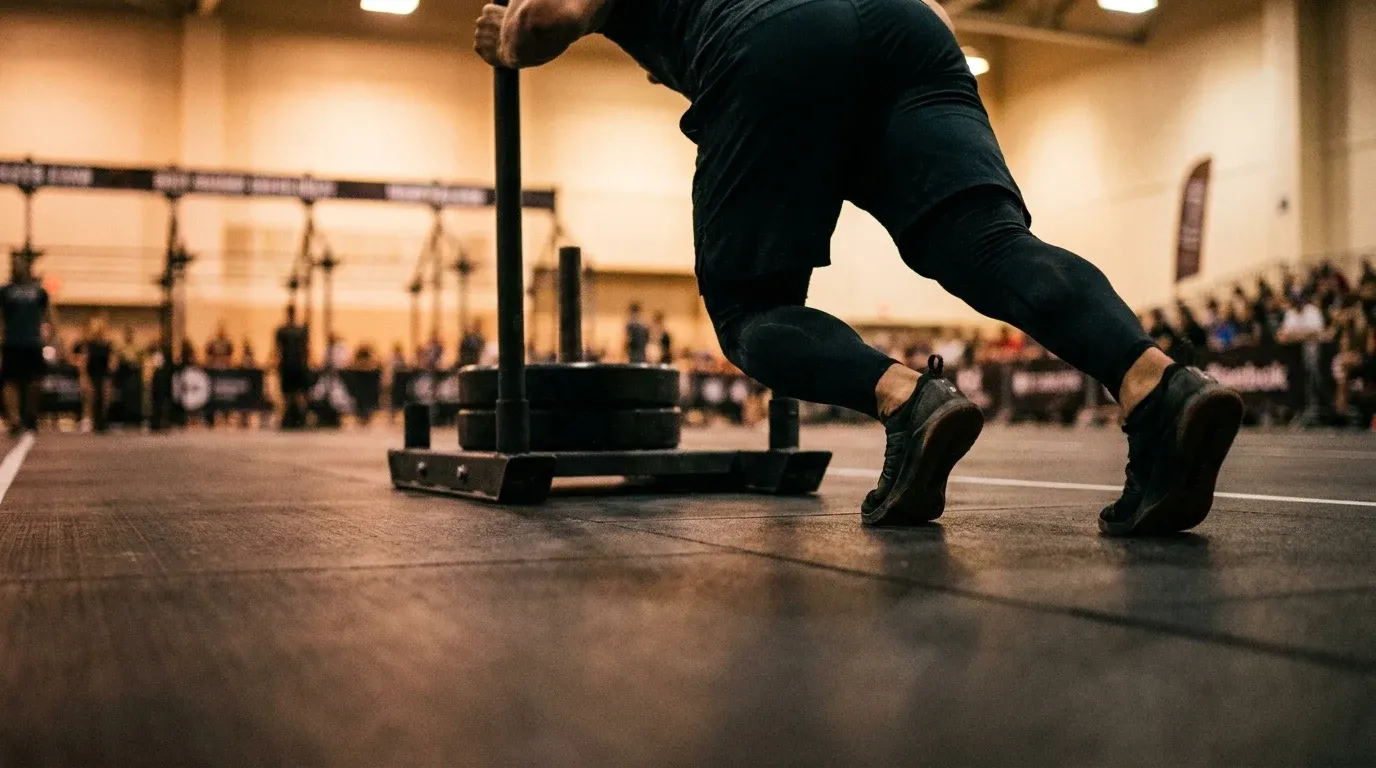 Athlete driving a loaded competition sled across gym flooring, shot from behind with powerful legs extended mid-push.