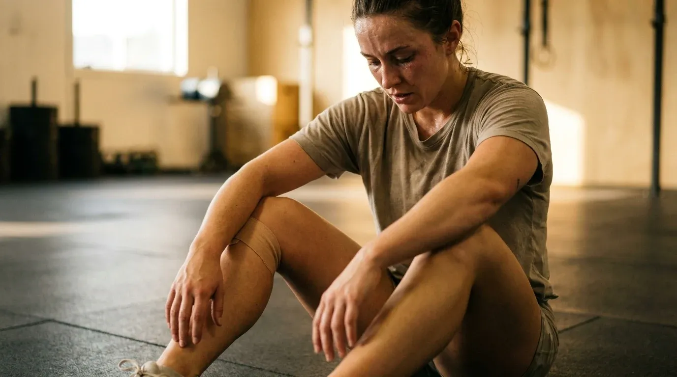 Exhausted HYROX athlete resting on gym floor with kinesiology tape on knee in natural golden light.