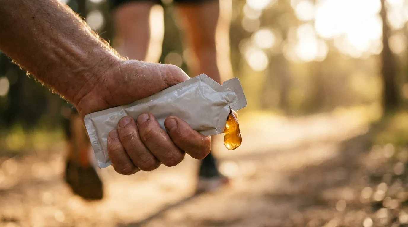 Runner's hand squeezing an energy gel mid-effort, captured in warm golden-hour light.