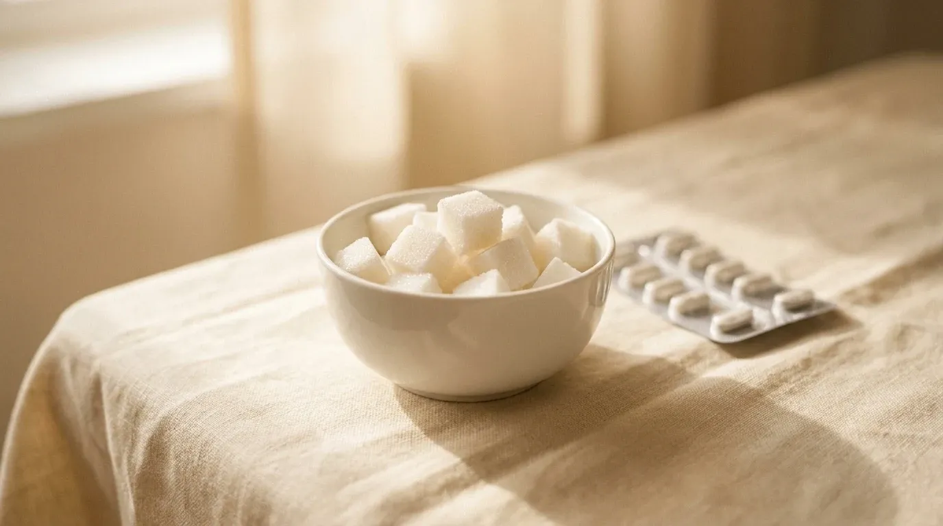 A bowl of white sugar cubes next to a blister pack of pills on cream linen.