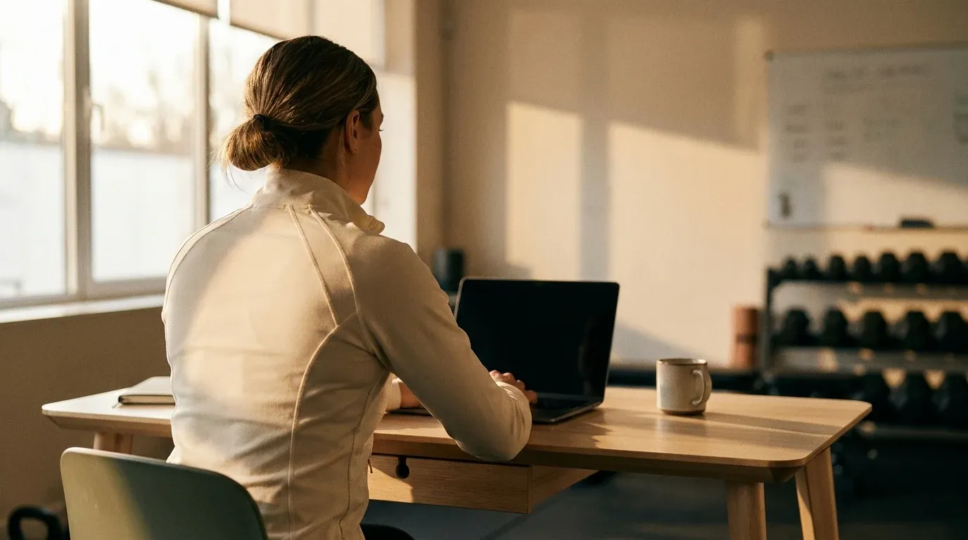 A fitness coach in athletic wear works at a desk with a laptop in a warm, gym-adjacent office space.