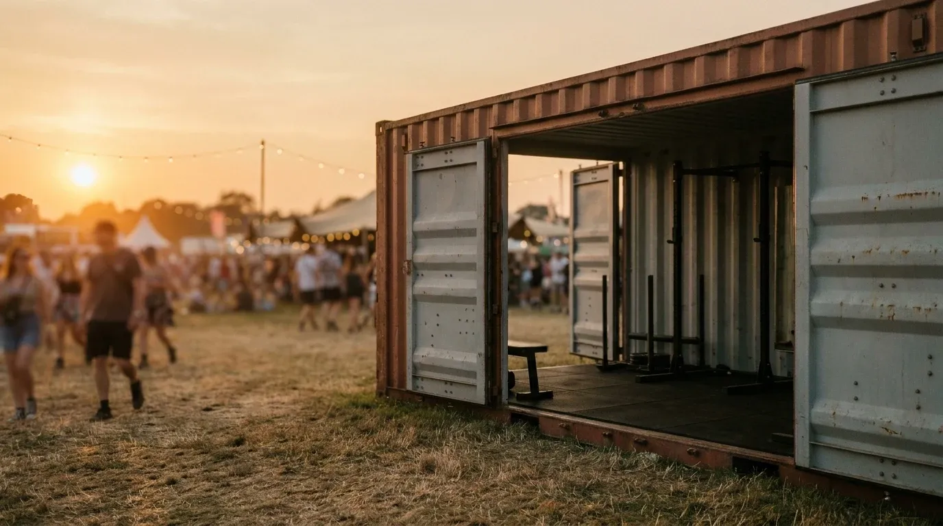 A repurposed steel shipping container converted into a premium fitness studio at an outdoor festival in golden light.