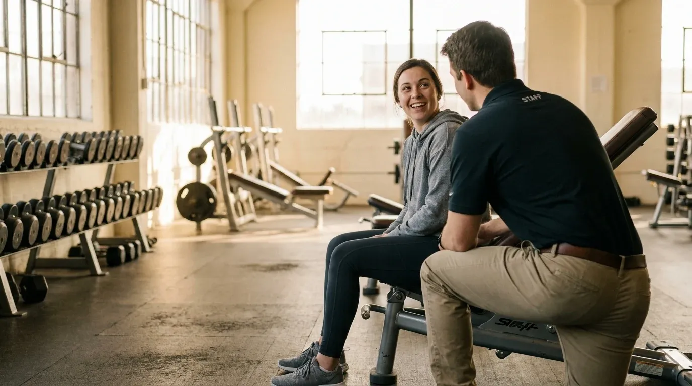 A gym staff member leans in for a warm conversation with a member near exercise equipment in natural golden light.