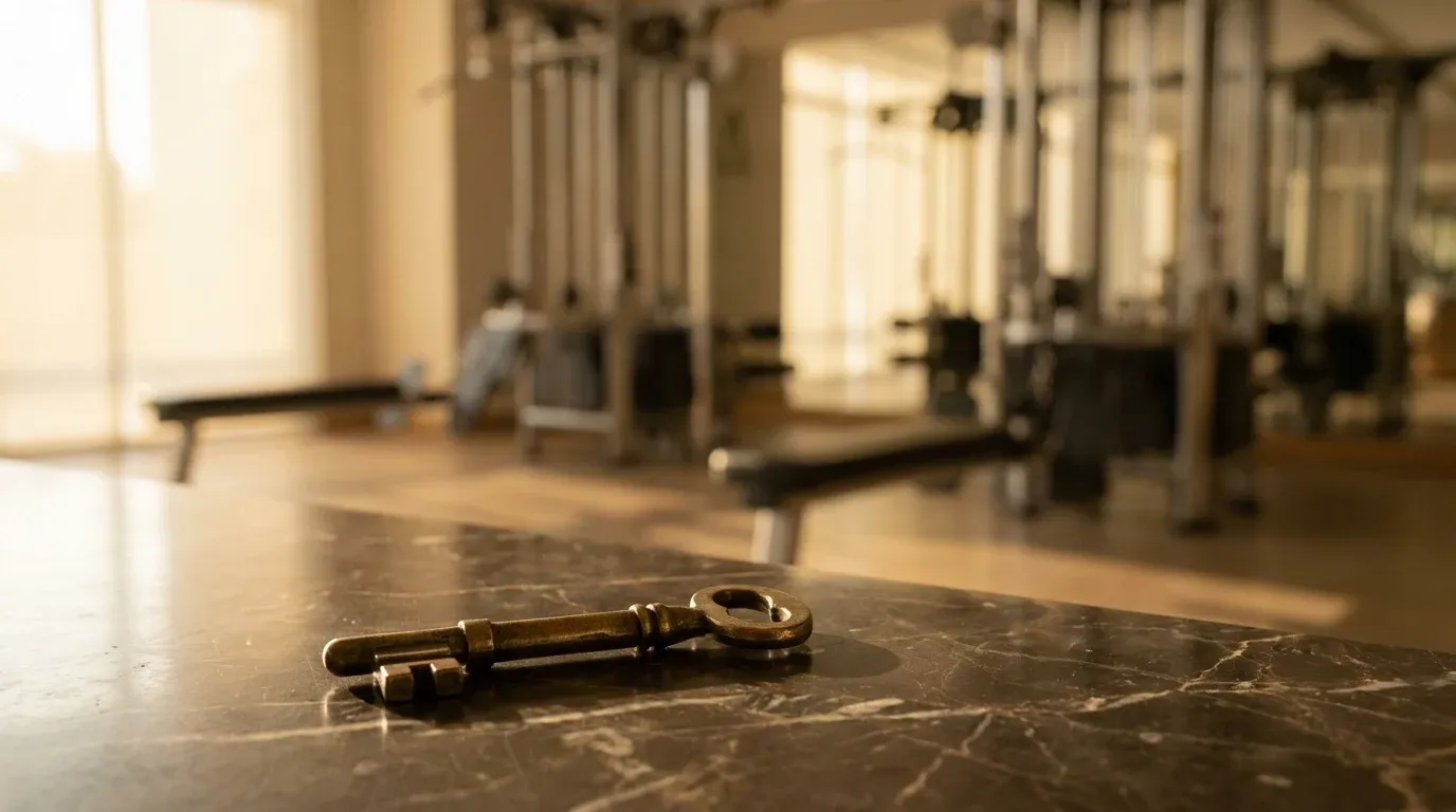 A brass key on dark marble casts a sharp shadow, with a blurred gym interior glowing softly in warm golden tones behind it.