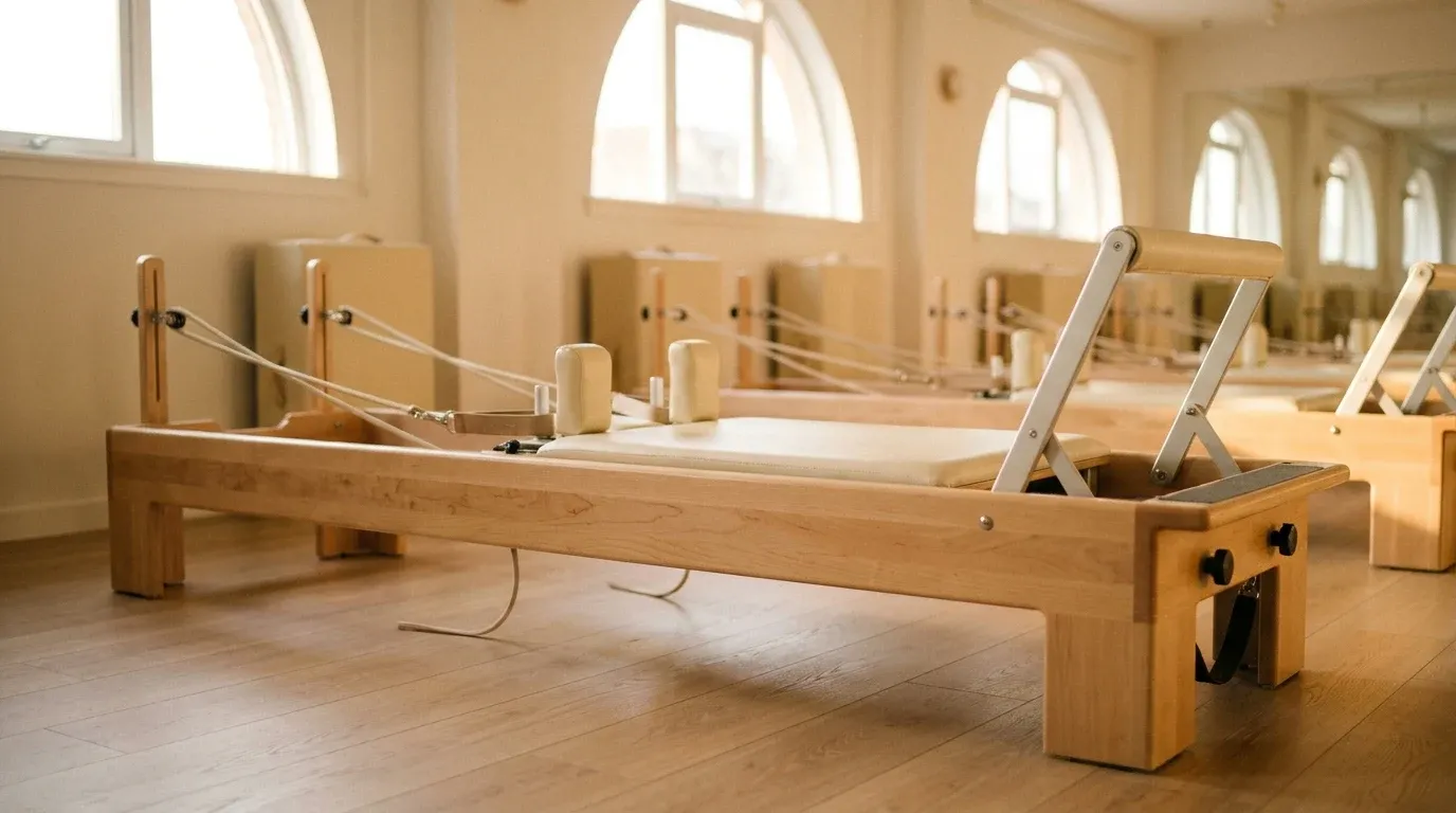 A lone Pilates reformer in sharp focus with blurred machines behind it in a bright, sunlit studio.
