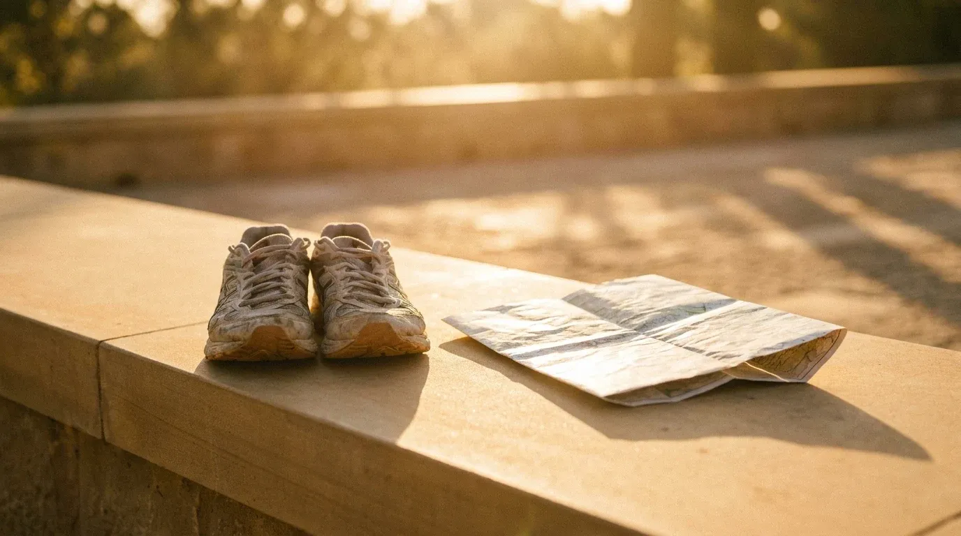 Well-worn running shoes and folded map on stone surface bathed in warm golden morning light.