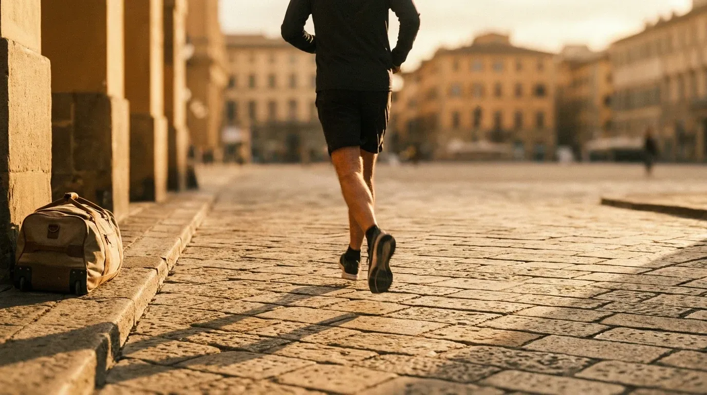 Runner mid-stride with a travel bag on a European stone plaza bathed in golden-hour light.
